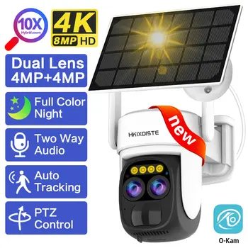 Солнечная камера с двумя объективами 8MP/ 4K, Wifi PTZ, наружный 10-кратный зум, Беспроводная камера видеонаблюдения, цветная камера ночного видения, водонепроницаемая
