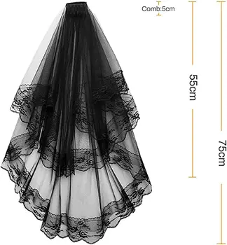 Черная вуаль на Хэллоуин, двухслойная сетчатая кружевная свадебная фата длиной до талии 2023 г.