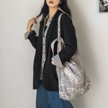 Женская вместительная сумка через плечо с двухслойным водонепроницаемым буквенным рисунком Fashion Ins Newapaper, студенческая сумка для покупок и путешествий