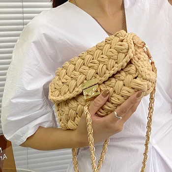 Модная Женская сумка через плечо, сплетенная из веревки, Дизайнерские цепочки, сумки через плечо для женщин 2021, Маленькая плетеная сумочка для телефона с квадратным клапаном, женская