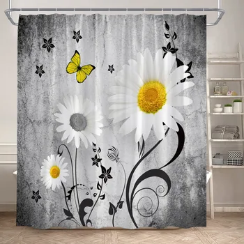 Белые занавески для душа с ромашками, бабочки, деревенские цветы, растения, занавеска для ванны из полиэстеровой ткани, декор для ванной комнаты с крючками, серый