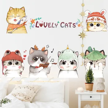 Наклейка на стену с милым мультяшным котом ручной росписи для украшения зоомагазина, настенная роспись для детской спальни, наклейка для украшения стен