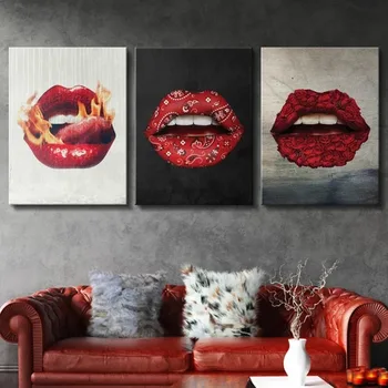 Картины на холсте, портретные картины в стиле ретро с красными губами и языком, настенные художественные плакаты для украшения гостиной Без рамки