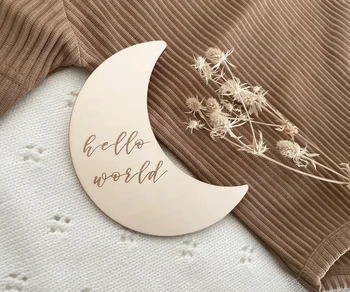 Привет, мир - Объявление о рождении - Деревянные диски - Объявление о беременности - Памятная карточка о рождении - Табличка с объявлением о рождении Луны