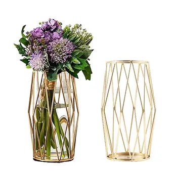 Современные металлические вазы для цветов, геометрические стеклянные вазы, держатели для цветов с металлической подставкой для украшения рабочего стола в гостиной