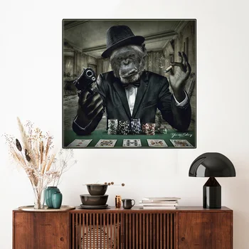 Играющая в покер курящая Горилла Картина на холсте в рамке Абстрактное искусство Плакат с животными Винтажная настенная картина для украшения бара