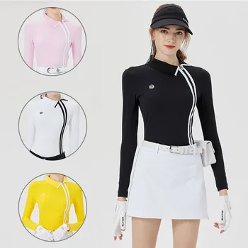 Женская рубашка для гольфа с длинным рукавом Blktee Antumn, футболка с воротником на молнии сбоку, женские эластичные топы-поло в полоску, спортивная одежда для гольфа