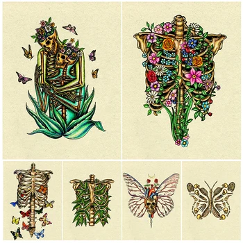 Психоделические растения и скелет, винтажный художественный плакат и принт Бабочки, насекомого, цветы с грудиной, настенный художественный декор на холсте
