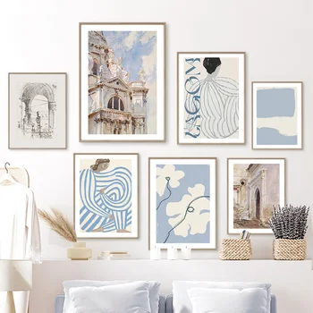 Светло-голубая архитектура, полосатая девушка, линия Моне, настенное искусство, холст, живопись, плакаты и принты, настенные панно для декора гостиной