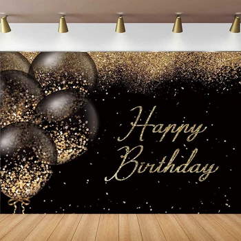 Фон для фотосъемки Черно-золотое Боке С воздушными шарами, фон для вечеринки по случаю Дня рождения, Золотой блеск, Баннер для Дня рождения, Принадлежности для декора
