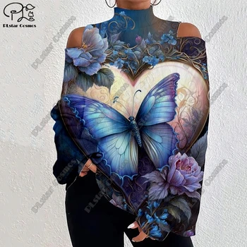 Женская одежда серии flower с 3D принтом, красочный принт бабочки, рукава-фонарики с открытыми плечами, повседневные длинные рукава