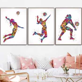 Скандинавская Волейболистка, Акварельный плакат, Игрок в мяч, Женщина, Спортивная картина на холсте, Современная настенная картина, Декор для дома в гостиной