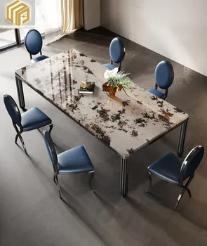 Сочетание легкого роскошного мраморного стола и стула в минималистском стиле, простой постмодернистский прямоугольный обеденный стол высокого класса, итальянская вилла fu