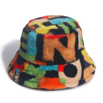 Новые уличные многоцветные радужные шляпы-ведерки из искусственного меха с буквенным рисунком, женские зимние Мягкие теплые Gorros Mujer, рыболовная мода zebra