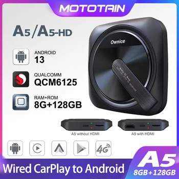 Ownice A5 Беспроводной Адаптер CarPlay Android Auto Ai Box Android 13 QCM6125 8GB 128GB HDMI Выход для Youtube Netflix Home TV Box