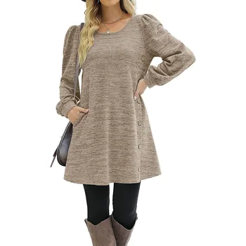 2023 Осень / зима, популярная женская одежда с пузырчатым рукавом, платье с круглым вырезом и пуговицами, футболка для женщин, длинный свитер