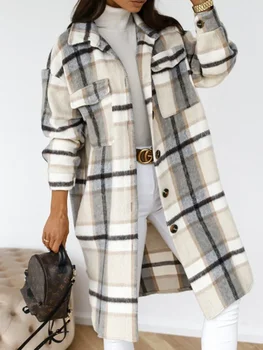 Женская одежда, Шерстяная клетчатая куртка с длинным рукавом, женская одежда, тренч, модное теплое пальто средней длины, осень-зима, утолщение,