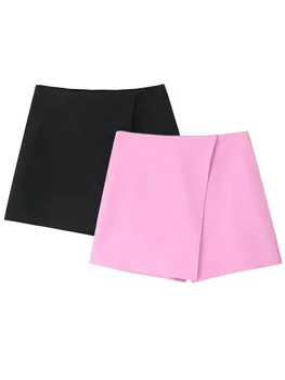 HH TRAF 2024 Летние модные женские шорты с высокой талией, повседневные асимметричные мини-юбки с запахом, женские элегантные тонкие шорты на молнии