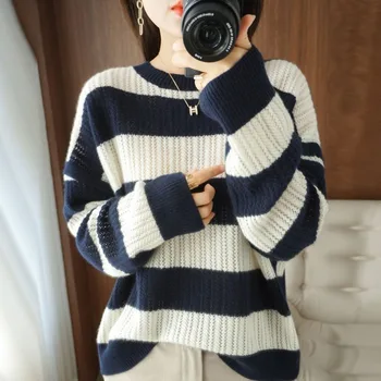 Новый осенне-зимний модный свитер в ленивом стиле в утолщенную контрастную полоску с круглым вырезом, свободный универсальный простой тонкий женский вязаный свитер
