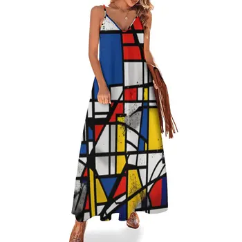 Винтажное платье с принтом Mondrian, сексуальные длинные платья с V-образным вырезом на бретельках, женские летние пляжные платья, вечерние туники, одежда