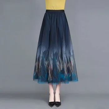 2024 Новая элегантная сетчатая плиссированная юбка с принтом для женщин, весна-осень, эластичные длинные юбки с драпировкой средней длины и цветочным рисунком 30