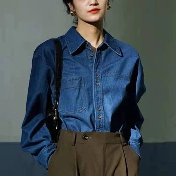 Модная блузка бренда TFETTERS, женская рубашка из многослойной джинсовой ткани во французском ретро-стиле, весенне-осенняя однотонная повседневная женская одежда
