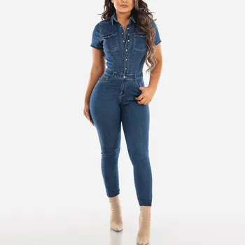 2023 Модный джинсовый комбинезон Demin, женский облегающий джинсовый комбинезон с коротким рукавом, Узкие брюки, Однобортный боди, Комбинезон