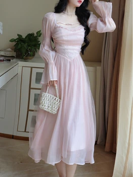 Розовое Сказочное платье в Корейском стиле для женщин 2023, Летнее Элегантное платье миди для вечеринки, женское платье с рукавами-пузырями, французское винтажное милое платье