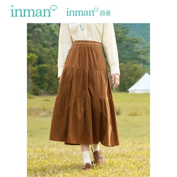 Женская вельветовая юбка INMAN, Осень 2023, Эластичная А-образная форма с высокой талией, Свободный плиссированный дизайн, Модная элегантная Оливково-зеленая кофейная юбка
