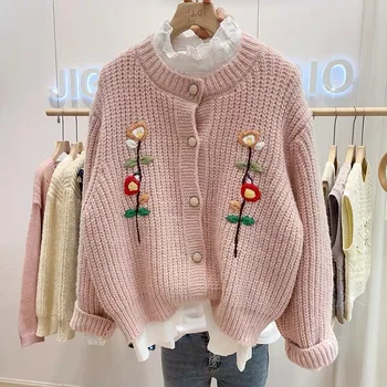 Осенне-зимний милый свободный кардиган Kawaii Y2k с шикарной вышивкой, свитер для хай-стрит, куртка, однобортная верхняя одежда из гранжевого трикотажа