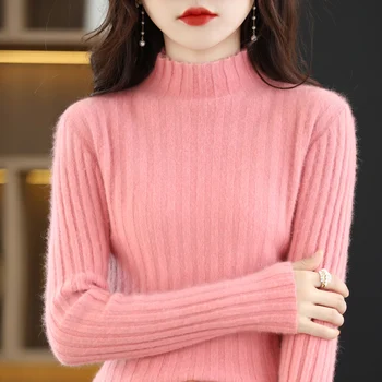 Новый женский пуловер с полуприлегающим воротом осенью и зимой, кашемировый свитер из 100% натуральной норки, пуловер тонкой вязки, теплый модный топ