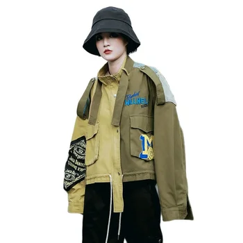 Осеннее модное Женское короткое пальто, Свободная Тонкая джинсовая строчка 2023, куртка-кардиган в стиле Харадзюку, Модная одежда цвета Хаки с вышивкой