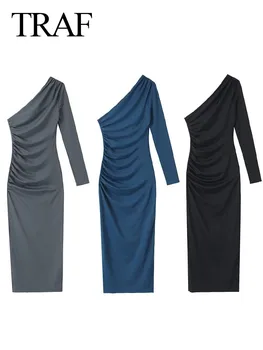 Женские асимметричные длинные платья TRAF, однотонный диагональный воротник, рукава на одно плечо, складки, женское модное осеннее шикарное платье