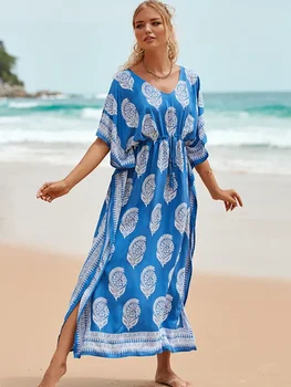 Пляжная накидка, кафтаны с геометрическим принтом, женские купальники с тонкой талией и коротким рукавом, макси-платья, Туника, пляжная одежда для моря