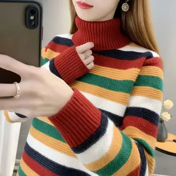 Модные свитера в Корейскую цветную полоску с высоким воротом, женская одежда 2023, Зимние свободные универсальные пуловеры, Вязаные повседневные топы
