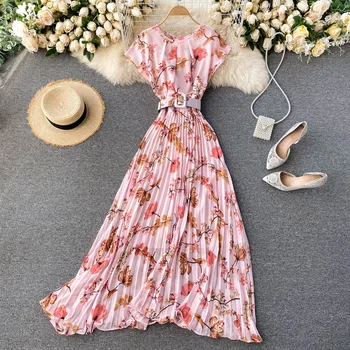 Новое летнее женское платье для отдыха, модное плиссированное Шифоновое длинное платье с большим подолом и цветочным рисунком, пришлите пояс
