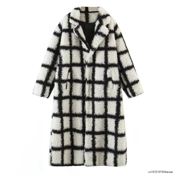 Шикарные пальто Модный бренд, длинная клетчатая куртка из искусственного меха из овечьей шерсти, пальто для женщин 2023, Зимнее толстое теплое плюшевое пальто, верхняя одежда