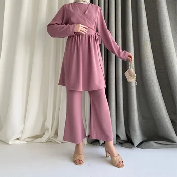 Мусульманские наборы, осенние комплекты из двух частей, Элегантная блузка с длинными рукавами, широкие брюки, Дубай, Абая, Турция, Кафтан, Женский комплект