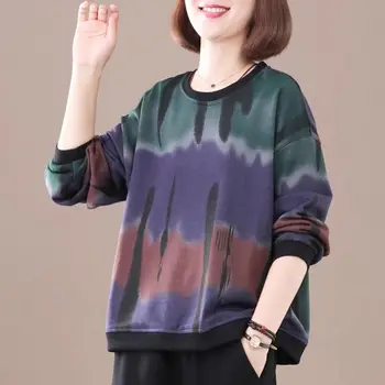 Стильные Корейские Свободные пуловеры, Весна-осень 2023, Винтажная Повседневная Женская одежда с градиентным принтом, свитшоты с круглым вырезом и вставками.