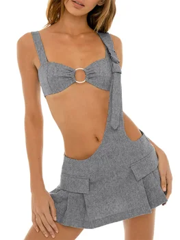 Женская летняя одежда из 2 предметов, камзол с вырезом в виде кольца и мини-юбка на подтяжках в складку на одно плечо, уличная одежда