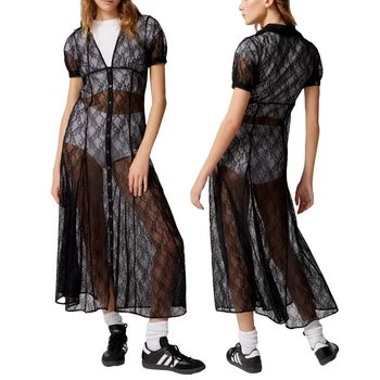 Женское прозрачное платье в сетку, Летнее Черное платье с коротким рукавом и V-образным вырезом, прозрачное кружевное платье с цветочным рисунком, Сексуальные коктейльные женские длинные платья Миди