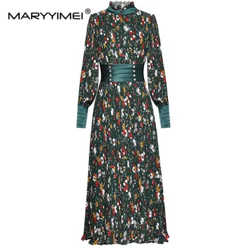 MARYYIMEI Модное дизайнерское женское платье с длинными рукавами и завышенной талией, винтажные плиссированные платья с цветочным принтом