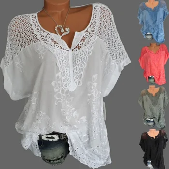 Новые Сексуальные женские рубашки с вырезами, повседневная свободная женская блузка с цветочным рисунком, Летние женские топы с коротким рукавом, Белая женская одежда 28299