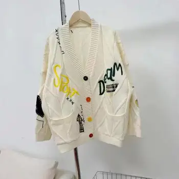 Свитер-пальто С длинными рукавами, дышащий свитер-куртка, Однобортный вязаный кардиган с милой вышивкой и буквенным принтом