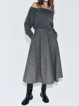 Серый повседневный свитер-юбка, комплект из 2 предметов для женщин, джемпер с разрезом на шее и длинным рукавом, плиссированная юбка миди трапециевидной формы, модные комплекты