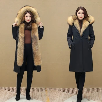 Новая зимняя куртка, женские парки С толстой теплой меховой подкладкой, Длинная парка из лисьего меха, Съемное пальто из искусственного меха с капюшоном, пальто 5XL
