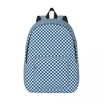 Синий рюкзак в шахматном порядке для мужчин и женщин, студенческий рабочий рюкзак для подростков, клетчатая сумка для колледжа на открытом воздухе