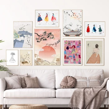 Корейская галерея Настенные принты, плакат азиатского искусства, эстетическое украшение Ханбок из Южной Кореи, картина на холсте для домашнего декора гостиной