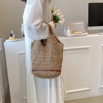 Женская плетеная соломенная сумка через плечо, однотонная летняя тканая сумка через плечо, женская дорожная сумка ручной работы, сумки подмышками, кошельки