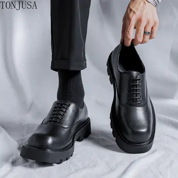 Британская кожаная обувь большого размера, мужская черная деловая обувь Muffin на платформе с низким верхом